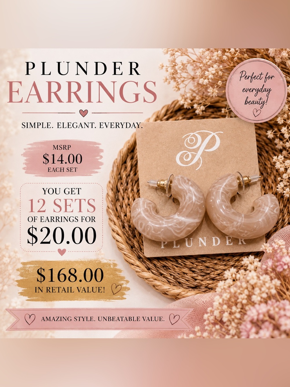 Plunder Cream Marble Crescent Hoop Earrings